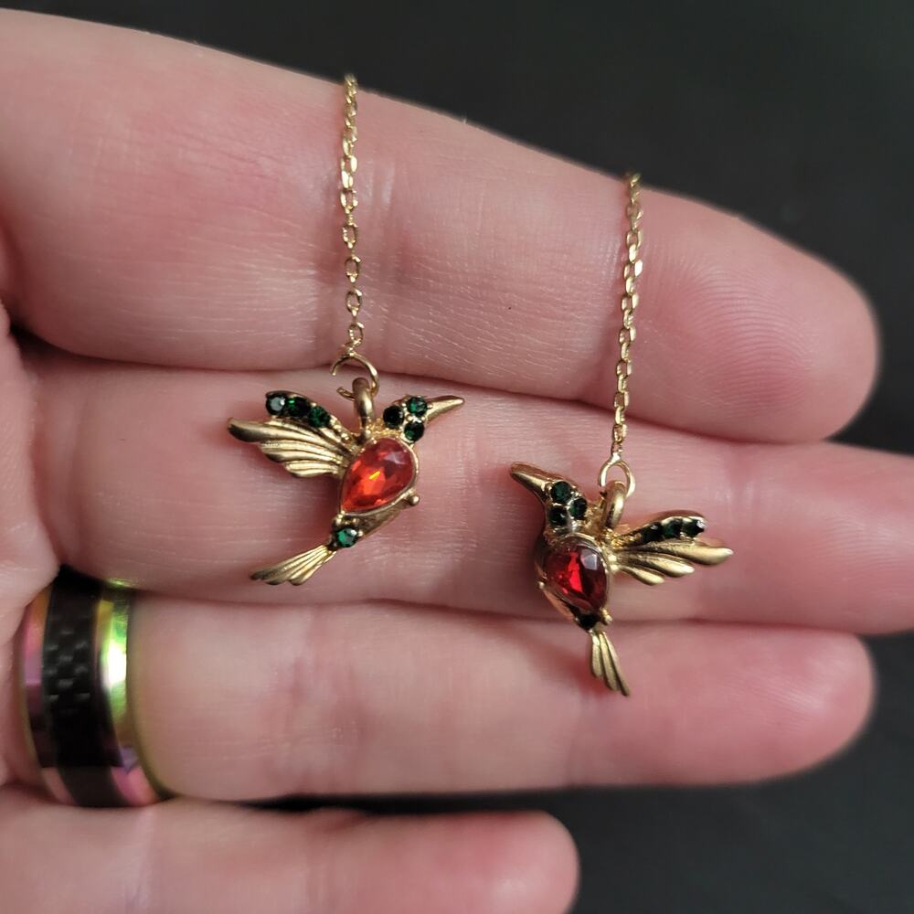 Red and gold hummingbird dangle earrings